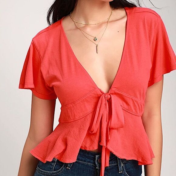 Free People We the Free Knot Me Red Tie-Front Crop Top - Picture 6 of 9